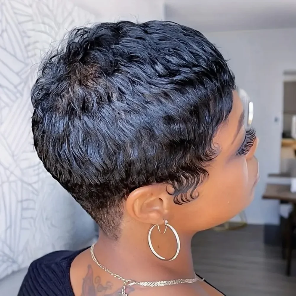Short Pixie Cut Human Hair Wigs Natural Black Brazilian Remy Hair Wig Human Hair Machine Made Wig