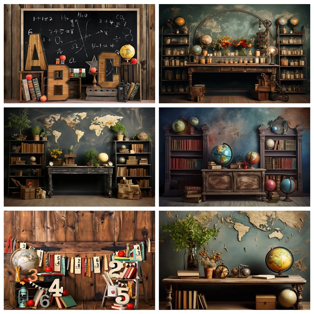 

Welcome Back to School Theme Photography Background Log Cabin Airplane Globe Book Wooden Plank Children Portrait Backdrop Banner