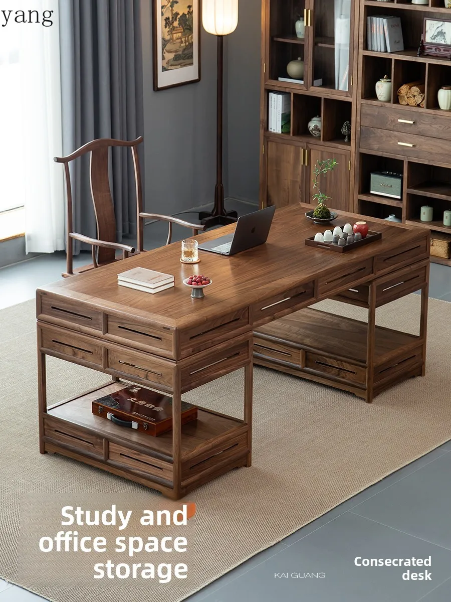 LHM  new Chinese style large desk solid wood boss table study workbench zen painting case