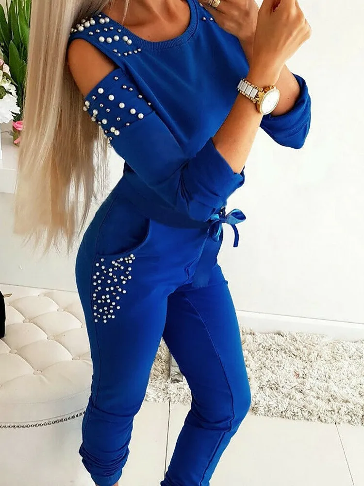 Woman's Spring Autumn Solid Two-piece Set Fashion Bead-stitch Design Sexy Off-the-shoulder Top+long Pans Suit Lady Office Outfit
