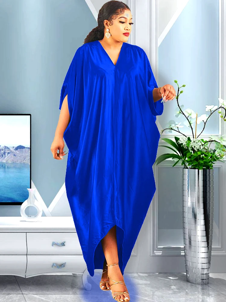 New Muslim Dresses For Women 2022 Pure Color African Maxi Robe V-neck Print Short Sleeve Novelty Dress Kanga Clothing Bouou