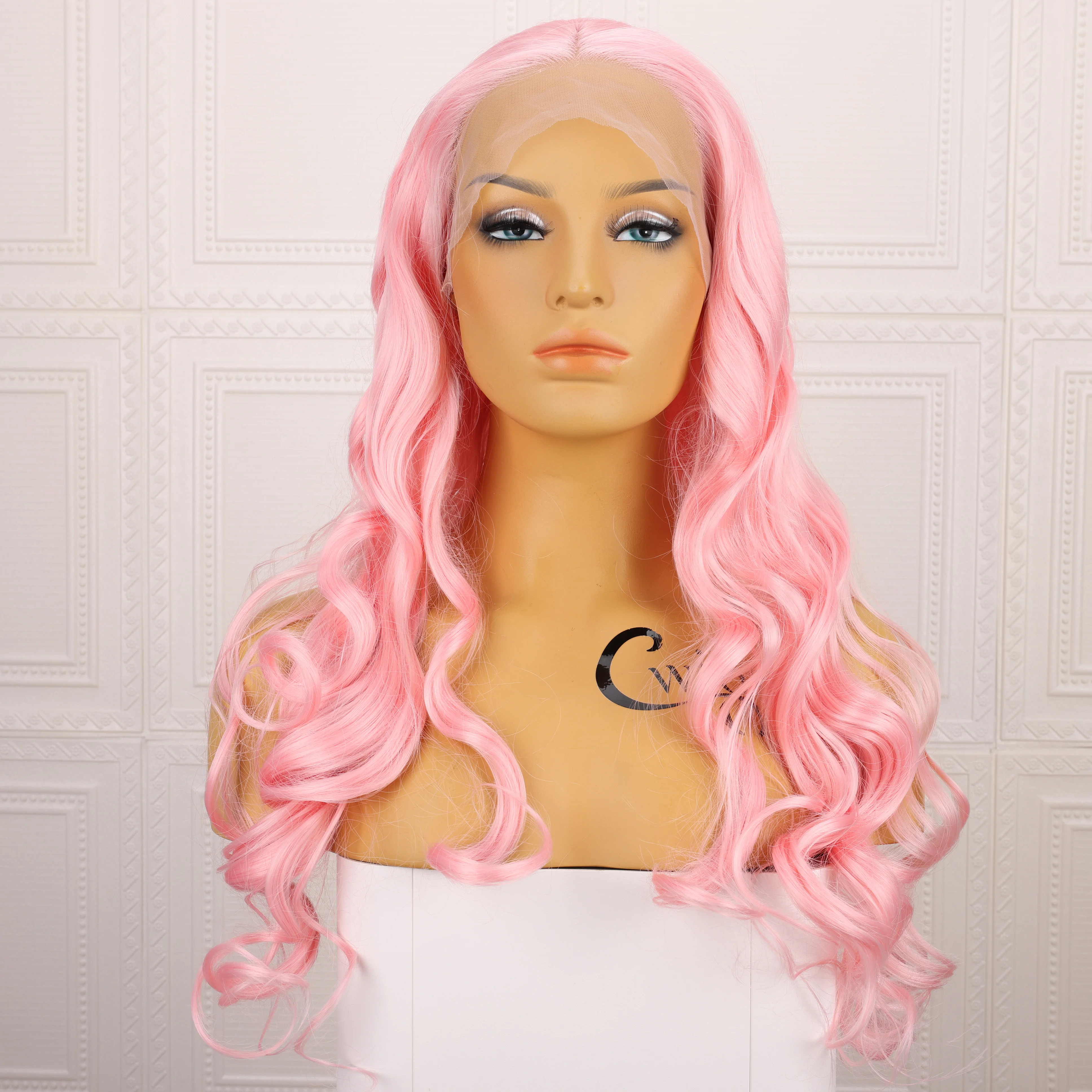 Cwigs Pink Synthetic Lace Front Wig for Women Cosplay Travel Long Wave Wig 180 Density Natural Hair Line Front Lace Mesh Cap