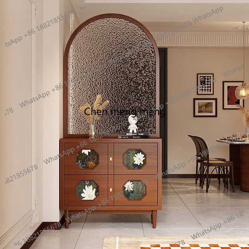 

French retro solid wood water pattern glass screen partition entrance door porch cabinet shoe cabinet medieval
