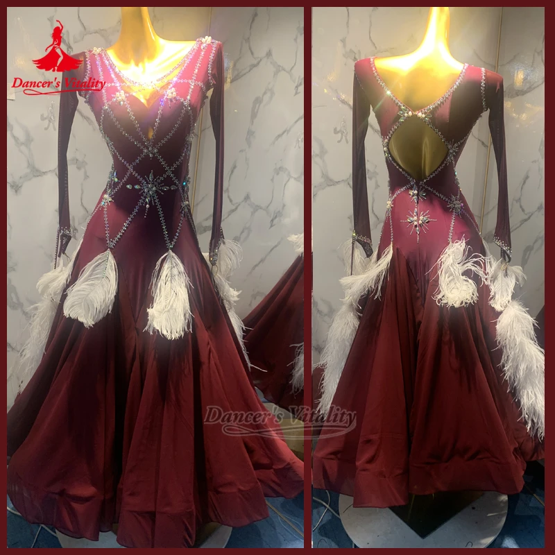 Adult AB Stones Foxtrot Waltz V-neck Dresses Senior Customize Dancer's Vitality Adult&Child Social Dance Contest&Perform Clothes