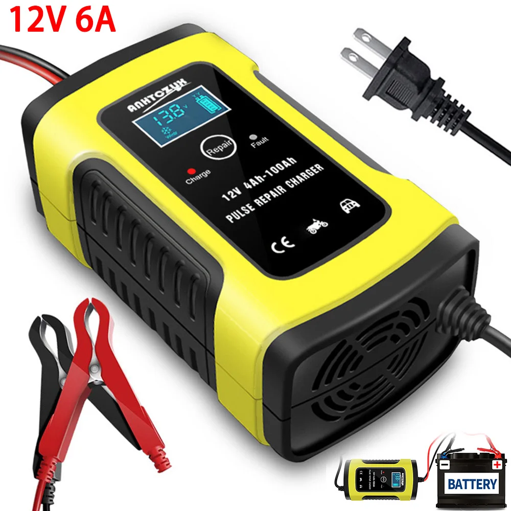 Full Automatic 12V 6A Car Battery Charger 110V to 220V To Intelligent Fast Power Charging Wet Dry Lead Acid Digital LCD Display