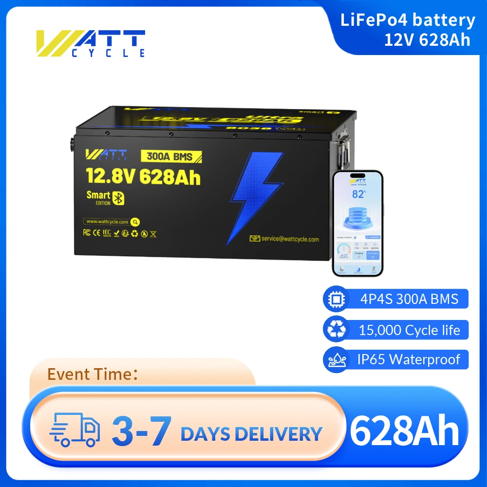 WattCycle 12V 628Ah LiFePO4 ウルトラリチウムバッテリー Bluetooth内蔵 300A BMS、8038Wh エネルギー RV、ソーラー、オフグリッド、バックアップ用