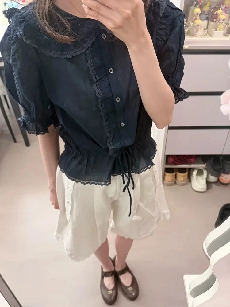 Pure Cotton Hollow out Lace Trim Doll Collar Bubble Sleeve Short Shirt Korean Style Loose Fit Women's Summer Shirt