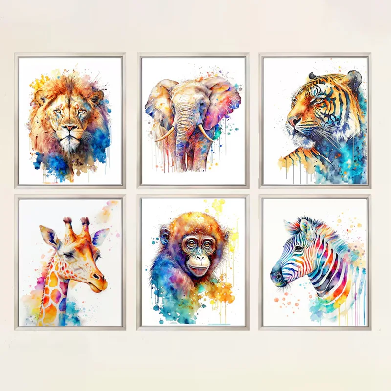 

Safari Animal Watercolour Print Poster Giraffe Tiger Elephant Canvas Painting Kindergarten Kids Room Frameless Wall Art