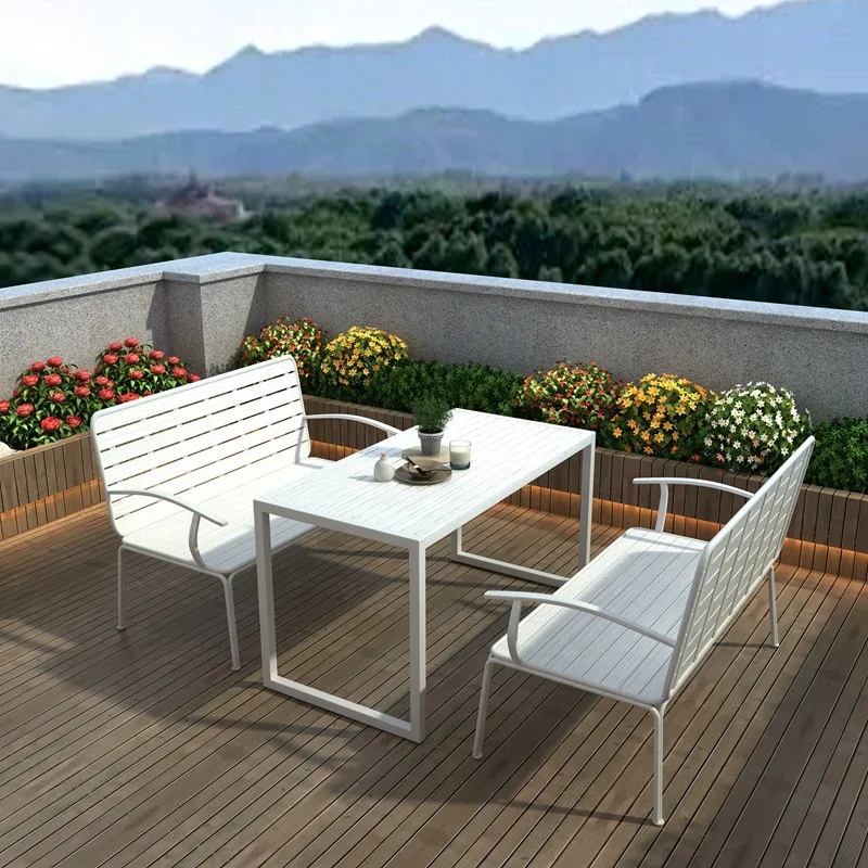 

White outdoor sofa table and chairs, park terrace room, outdoor balcony, waterproof and sunscreen, wrought iron plastic wood