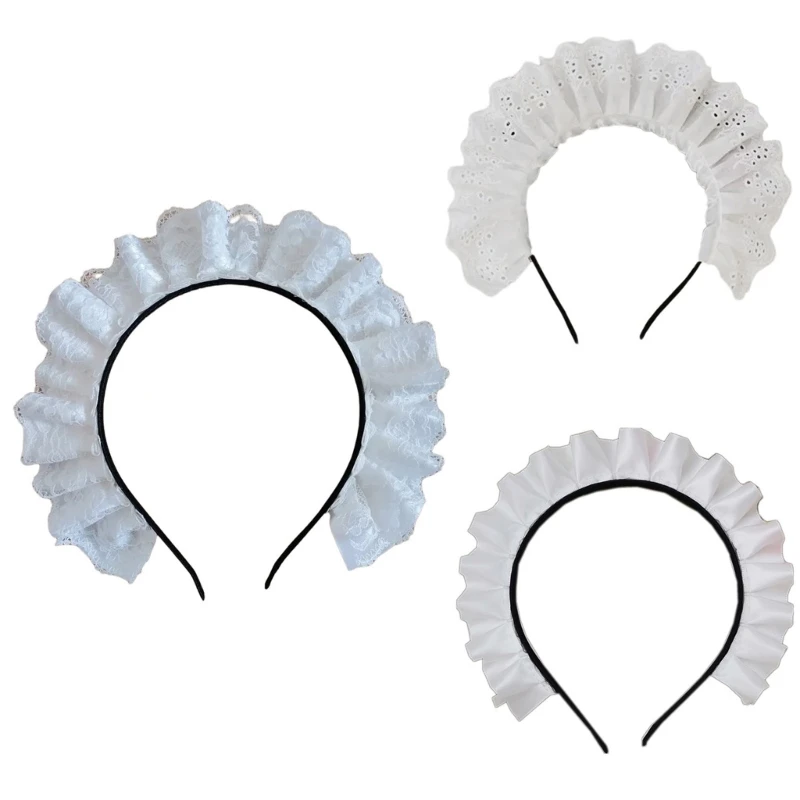 Cosplay Maid Hair Hoop Women Elegant Pleated Lace Makeup Headbands for Girls Stage Halloween Performances Headpieces