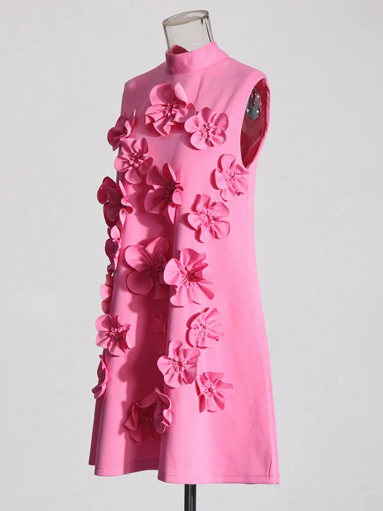 Elegant Spliced Appliques Mini Dress For Women Stand Collar Sleeveless High Waist Patchwork Lace Up Slimming Dresses Female