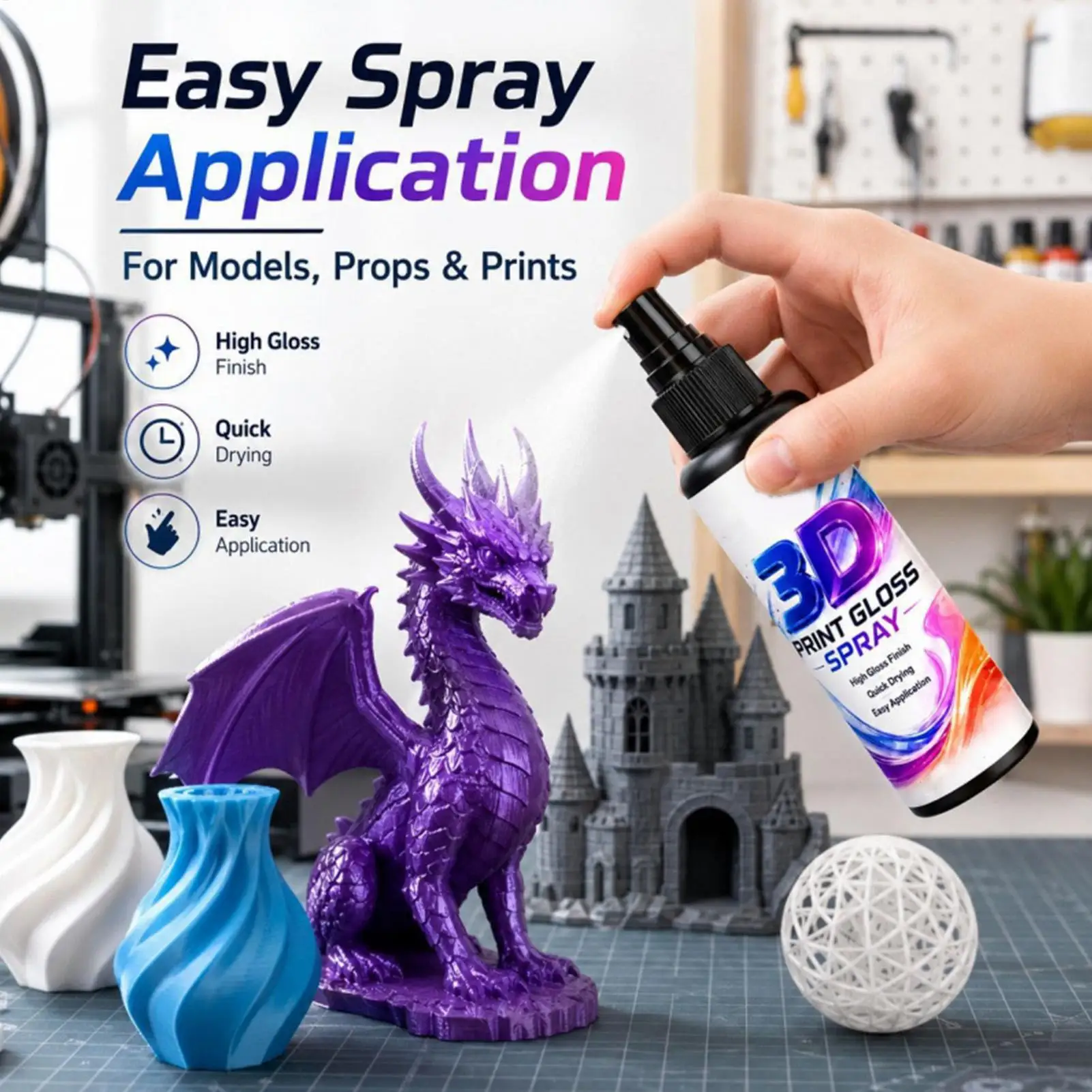 3D Print Gloss Spray 50/100ml Gloss Enhancer for PLA,ABS,Resin & PETG,Restores Shine,Smooth Finis h,Easy Spray Application