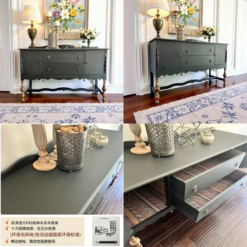 Retro Solid Wood Sideboard with Drawers French Style Carved Wall Cabinet for Living Room Dining Area Two Tone Storage