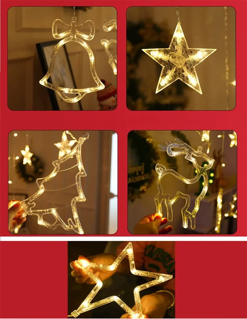 Christmas Fairy Curtain String Lights 3.4M LED Star Deer 220V 110V Garland Festoon for Xmas Tree New Year Navidad Party Decor