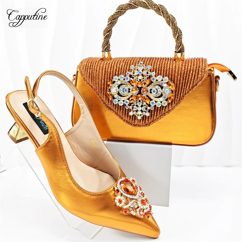 Image of Orangefarbenes Damen-Schuh- und Taschen-Set, afrikanische Damen-Pumps, passend zu Handtasche, Clutch, High Heels, Sandalen, Escarpins Femme JMF2311