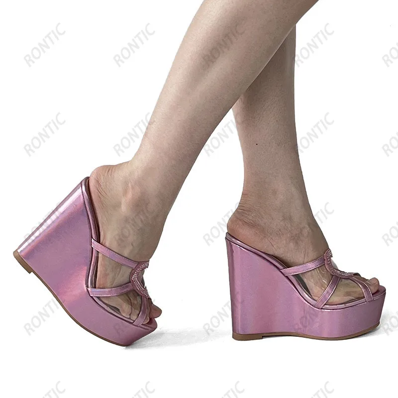 Rontic Handmade Women Platform Mules Sandals Rhinestone Wedges High Heels Peep Toe Gorgeous Pink Party Shoes US Plus Size 5-20