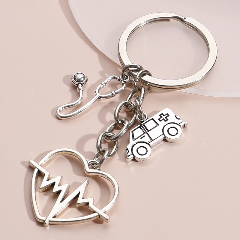 Classic Stethoscope Ambulance Alloy Keychain Heart Sliver Color Key Ring For Women Men Good Gift Nurse Day Doctor Friend Jewelry