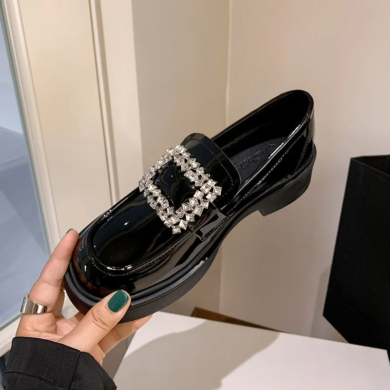 

Rhinestone Crystal Square Buckle Loafers Luxury Women's Shoes Black Patent Leather Sapatos Femimino Platform Chunky Mid Heels