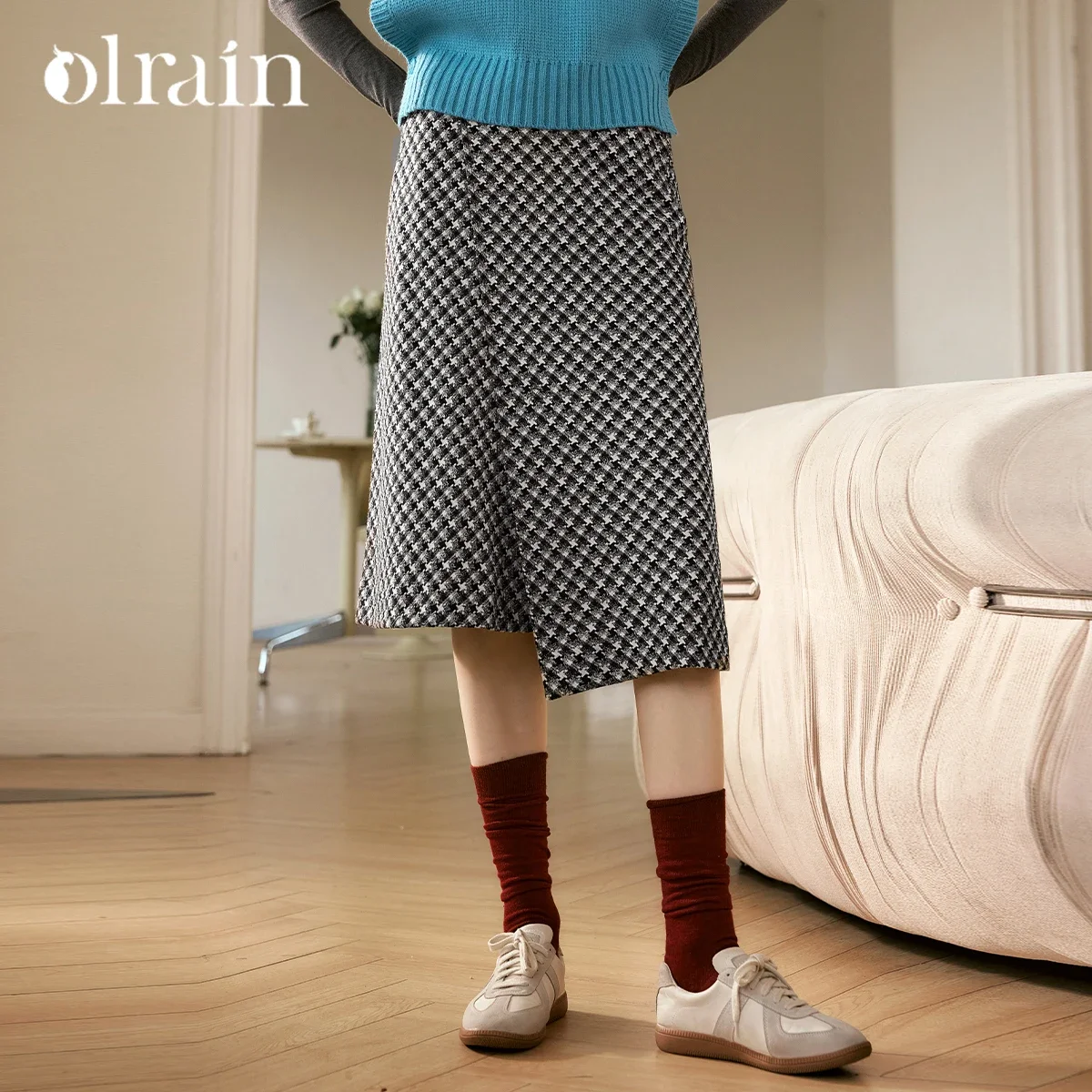 OLrain Karierte Bleistiftröcke für Damen, 2025, Herbst, französischer Stil, A-Linie, unregelmäßig, hohe Taille, eleganter mittellanger Rock N56QB95001