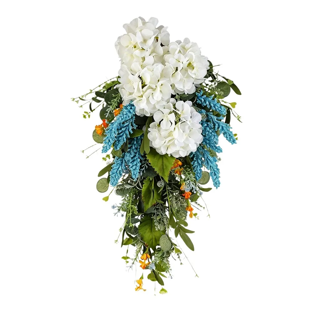 Seasonal Floral Wreath with White Hydrangea for Door Wall Hanging Decor in Autumn Harvest Theme Silk Flower Wreath 60x35cm