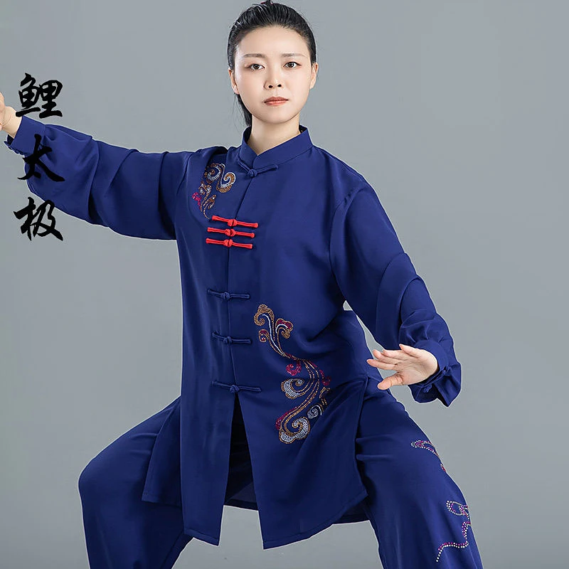 Chenjiagou Spring/Autumn Tai Chi Suit for Women – Auspicious Cloud Rhinestone Wushu Uniform, Polyester Spandex with Handmade Fr