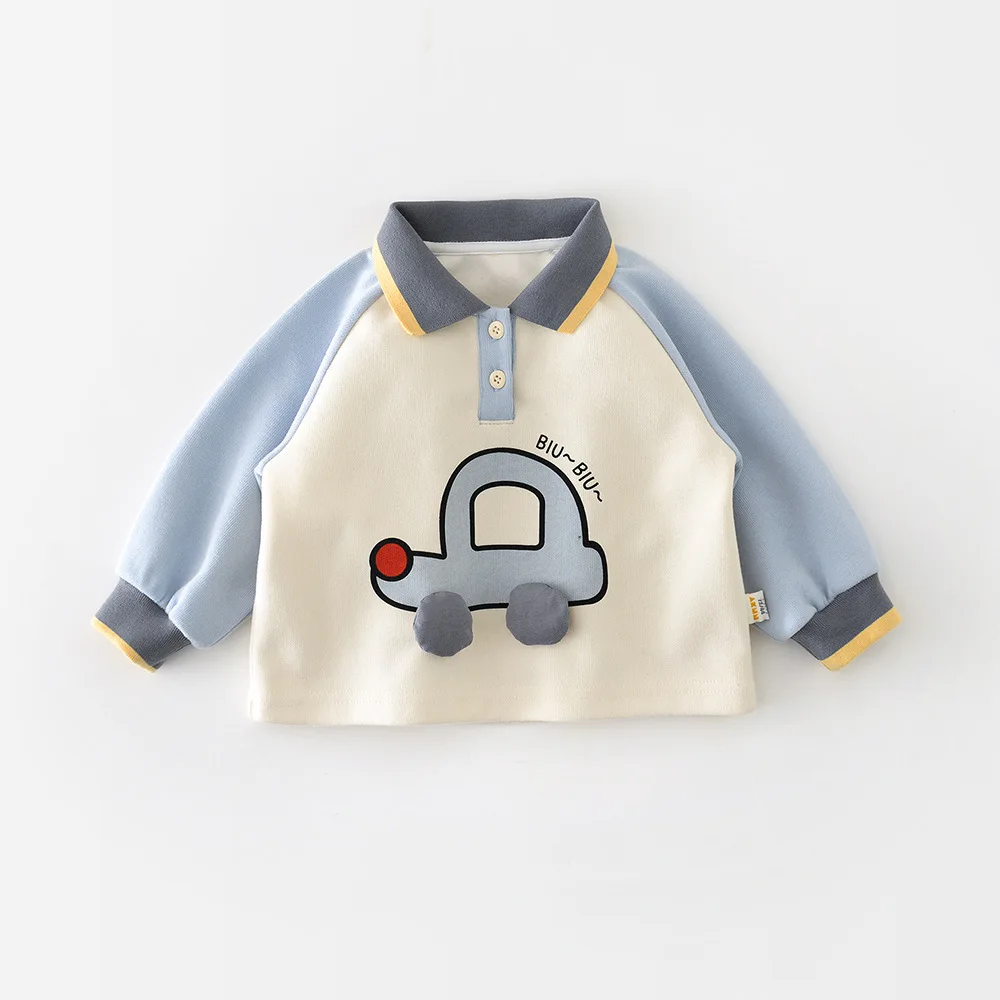 2026 Spring New Children Long Sleeve Cartoon Sweatshirt Boys Girls Car Print Pullover Tops Baby Cotton Casual Sweatshirt