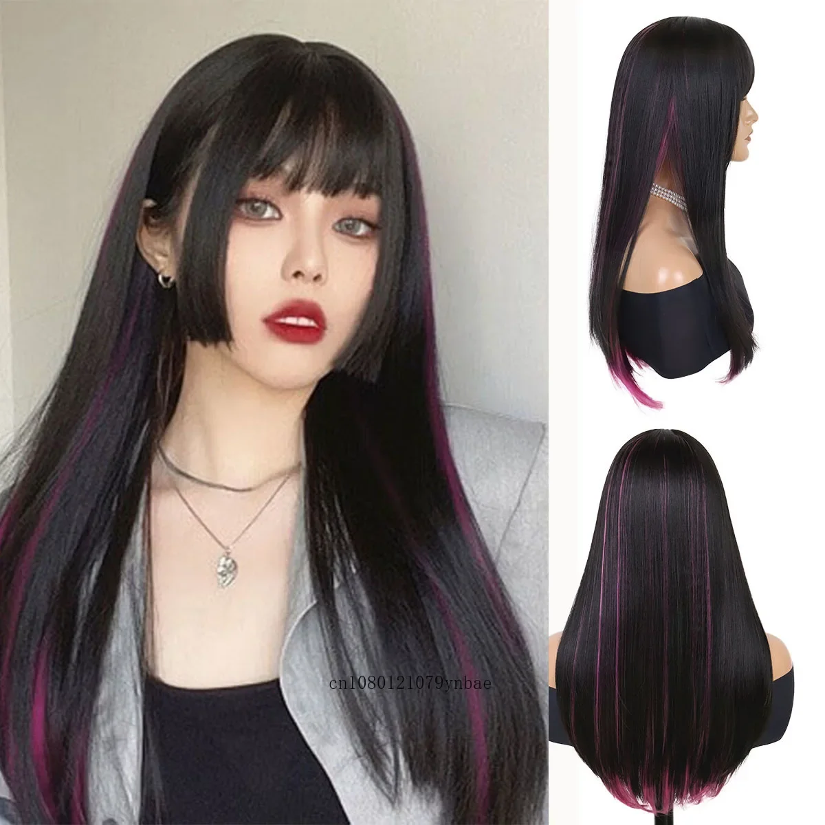 Synthetic Black Mixed Red Wigs for Women Natural Long Straight Highlighted Wig Middle Part Daily Costume Party Heat Resistant