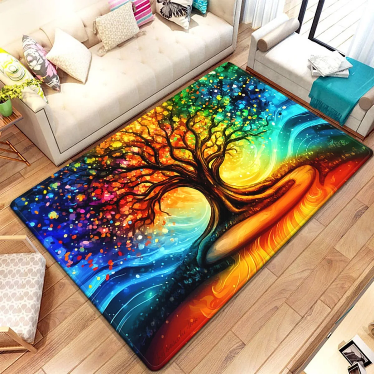 

Colorful tree of life rug living room decoration crystal velvet carpet vibrant art design for home aesthetic bohemian style