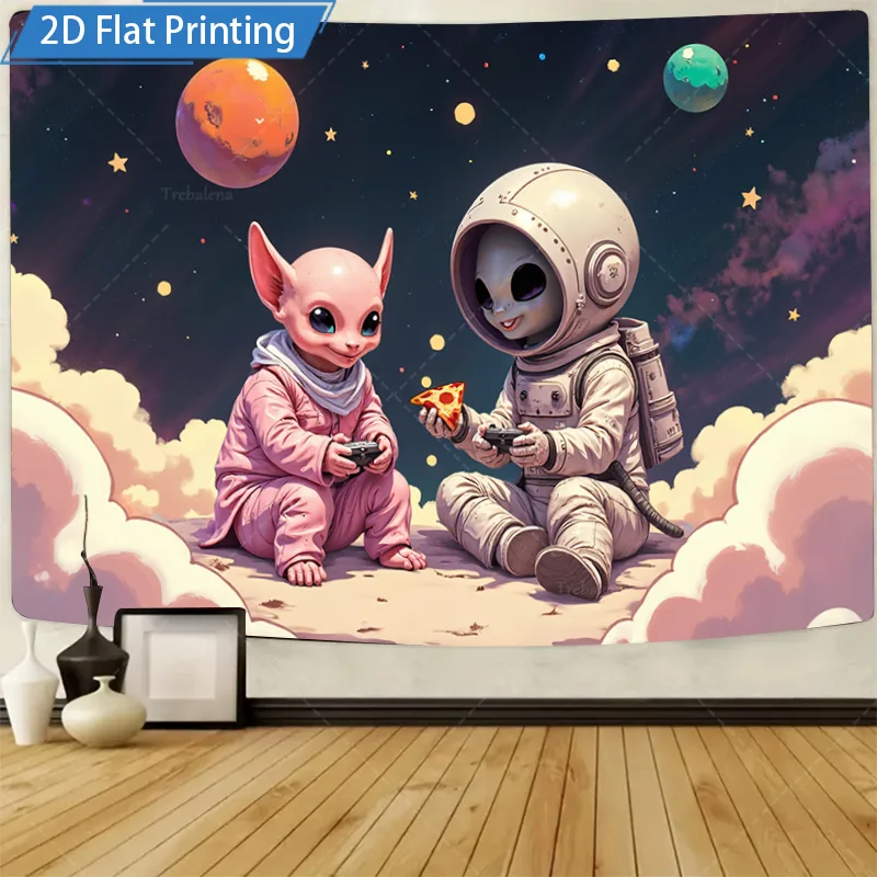 1 Stück Wandteppich „Süßer Alien und Hase im Weltraum: Pizza Fun 2D-Wandteppich mit flachem Druck“