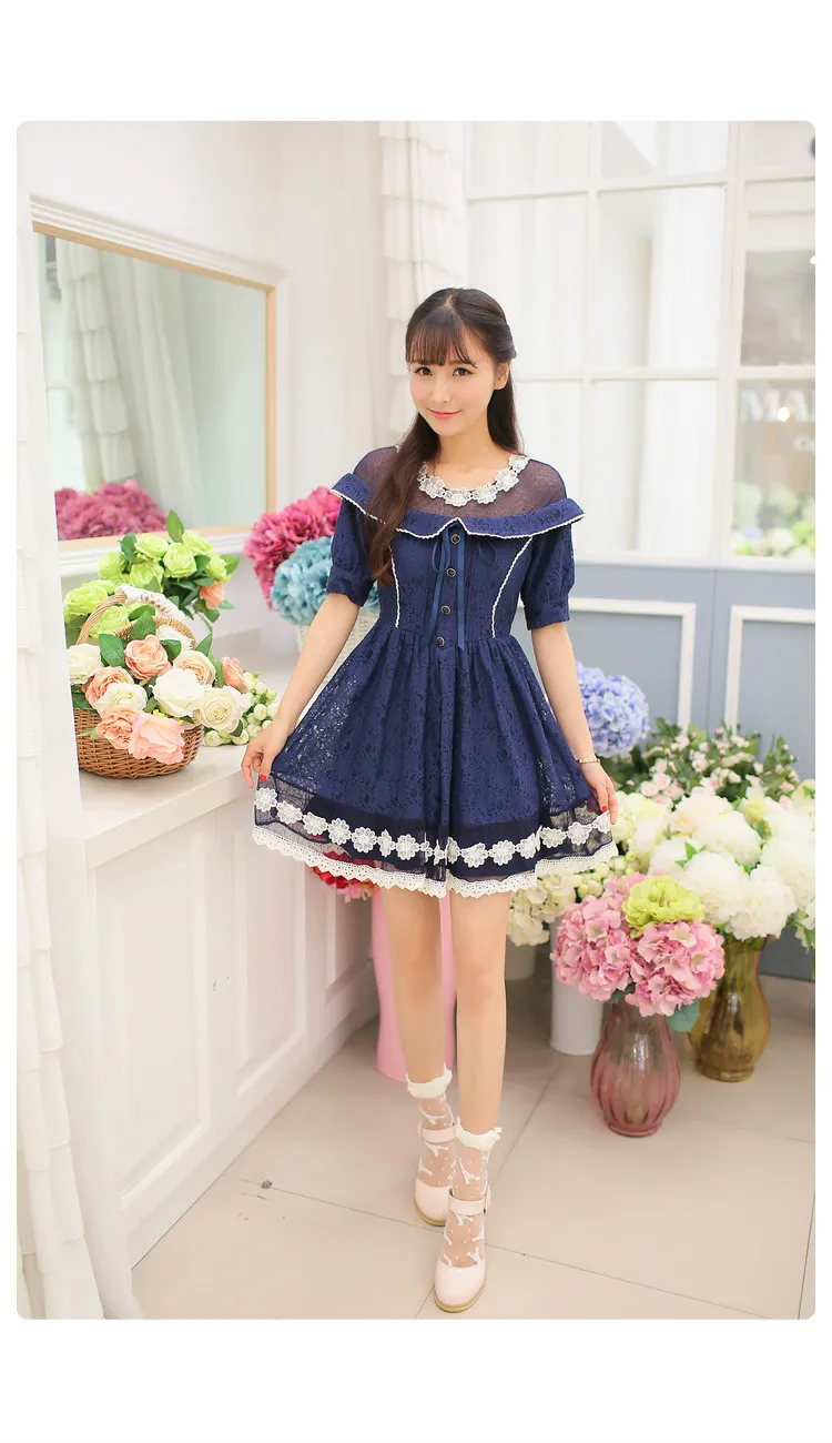 Japan Liz Lisa Lolita Lace Mesh Hollow Out Half Sleeve Courtly Style Mini Dress