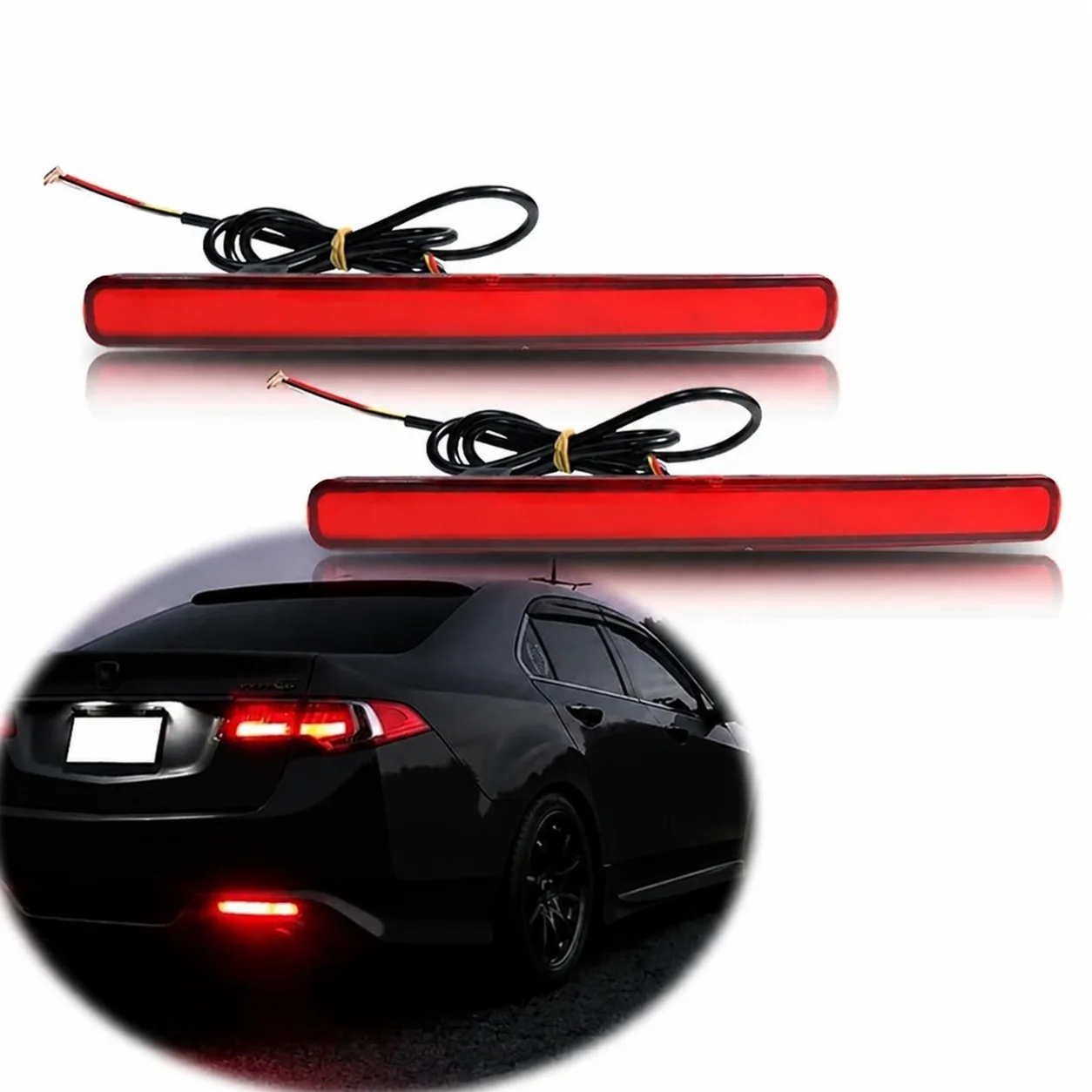 

For 2009-2014 Acura TSX (Euro Accord) Red LED Bumper Reflector Lights, Function as Rear Fog Lights Brake/Tail lights 12V