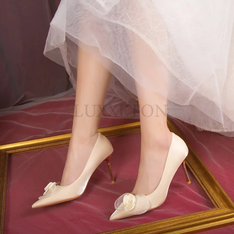 Pointed Mountain Camellia High Heels Women Small and Elegant Fine Heel Shoes Champagne Wedding Shoes 5CM-9CM 34-40