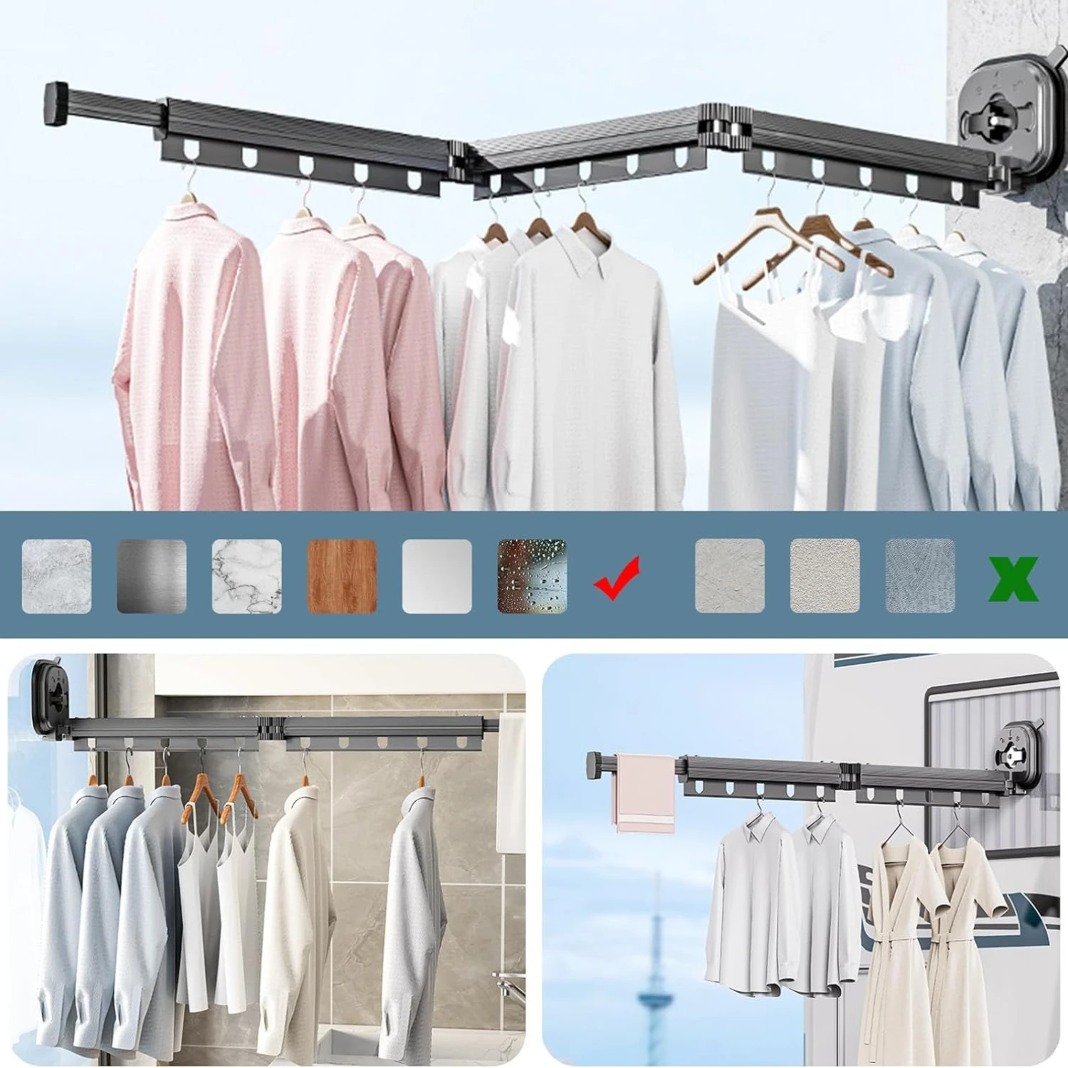 

Retractable Drying Rack Suction Cup No Punching Aluminum Alloy Wall Mounted Portable Folding Laundry Hangers for Travel Home