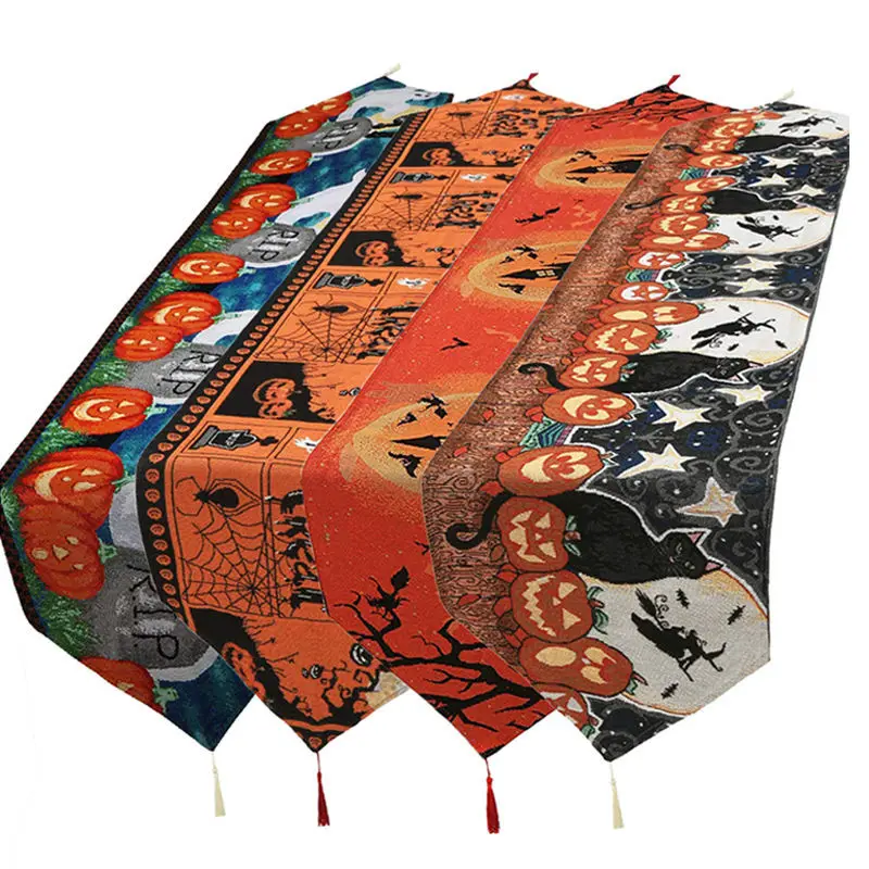 

33x180cm Halloween Table Runner Desk Flag Tassel Pumpkin Castle Skull Bat Spider Cotton Linen Kitchen Dining Room Party Decorate