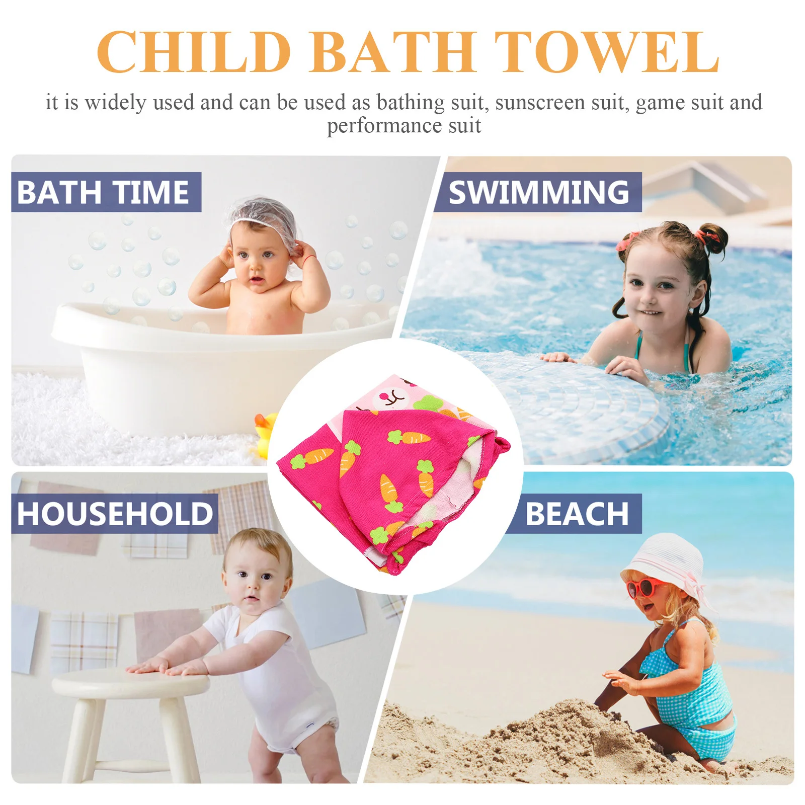

Kids Hooded Bath Towel Rabbit Carrot Design Lightweight Fast Drying Absorbent Beach Towel For Children Swimming Pool Use
