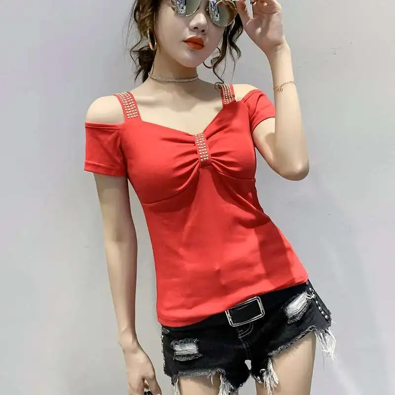 #5530 Stretch Cotton Short Off Shoulder T Shirt For Women V Neck Rivet Tight T Shirts Female Short Sleeved Slim Sexy Tops Summer