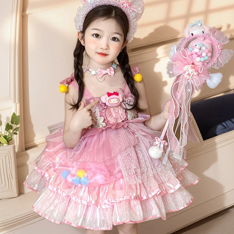 

Sanrio My Melody Girls Summer Sling Skirt New Children's Lolita Princess Dress Short Sleeve Birthday Party Lace Cake Puffy Skirt