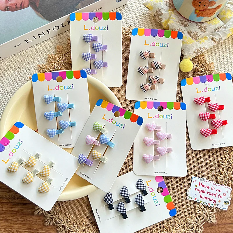

4pcs/Set Cute Candy Color Heart Plaid Girl Hair Clips Korean Exquisite Children Mini Small Hairpin Fresh Sweet Princess Headwear