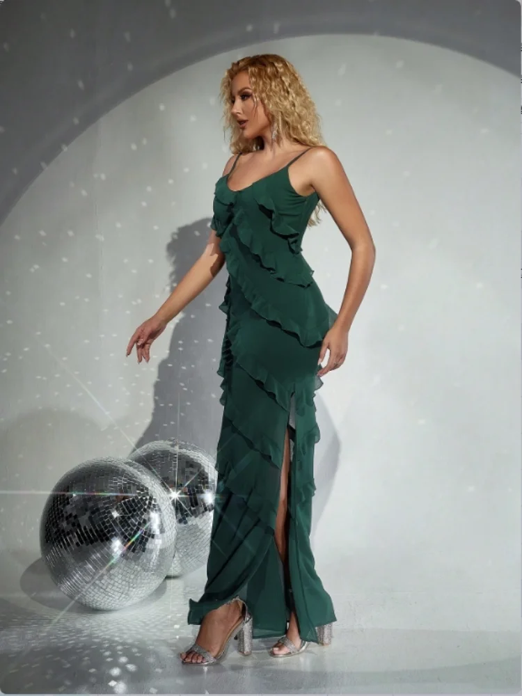 D & M-Vestido feminino em camadas, vestido longo sem mangas, Cintura alta, Franjas, Ombro Off, Magro, Monocromático, Sexy, Festa, Moda