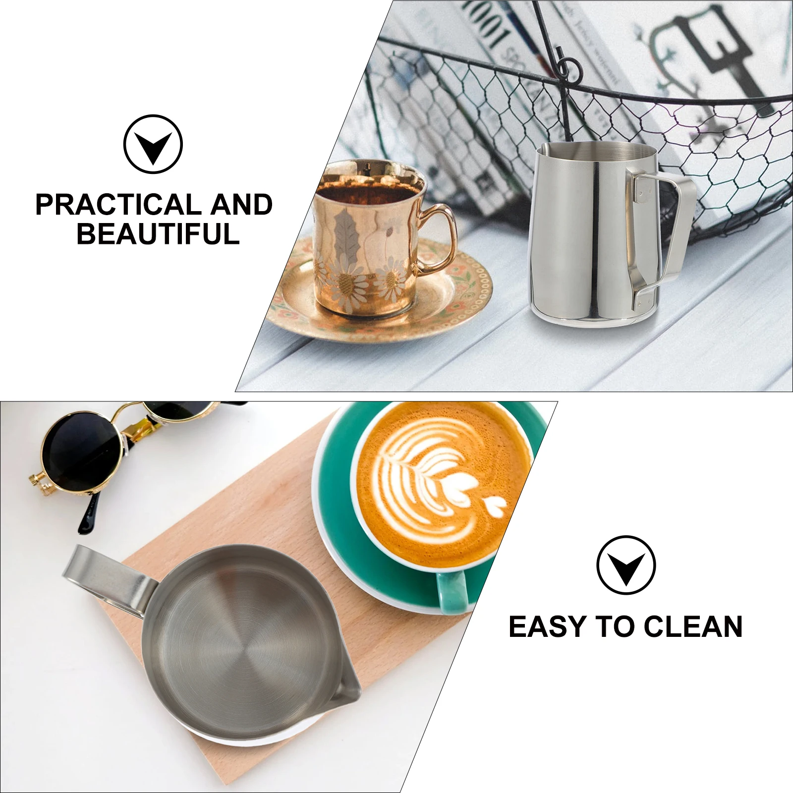 

2pcs Coffee Latte Art Pitcher 350ml Stainless Steel Milk Frothing Cup Easy Clean Home Cafe Use Unique Spout
