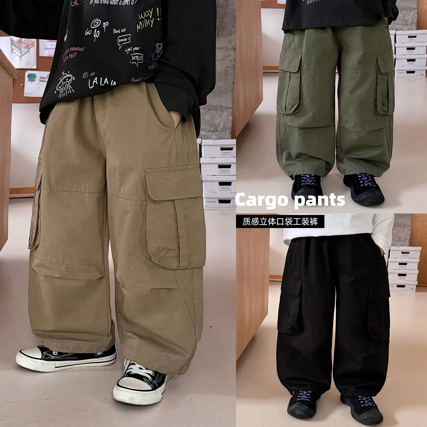 2026 Boys Spring Weaving Children's Clothing Solid Color Versatile Medium and Small Children's Overalls  Pocket Children's Pants