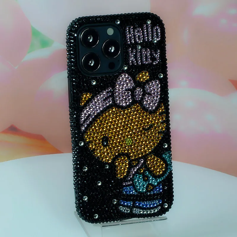 

Чехол для мобильного телефона Sanrio с черными стразами в стиле аниме «Hello Kitty» для Iphone 17, 16, 15, 14 Pro Max, универсальный подарок для девочек с защитой от падения