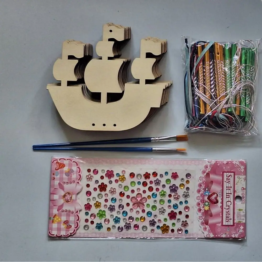 DIY Wooden Pirate Ship Craft Set Unfinished Wood Slices Wind Chime Supplies Painting Art Project For Kids Gift