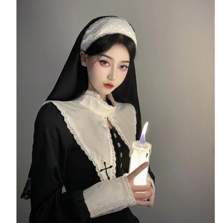 Nun's headscarf [Terrari] Gothic dark Lolita accessories elastic band black and white headband nun's headpiece Xiqin