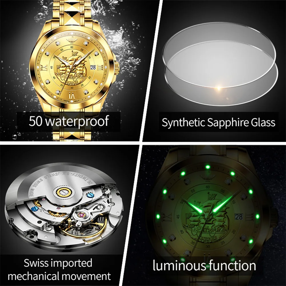 ساعات رجالية OUPINKE 3302 ذهبية فاخرة موضة أصلية ساعة ميكانيكية أوتوماتيكية للرجل التنغستن الصلب الياقوت مرآة التاريخ