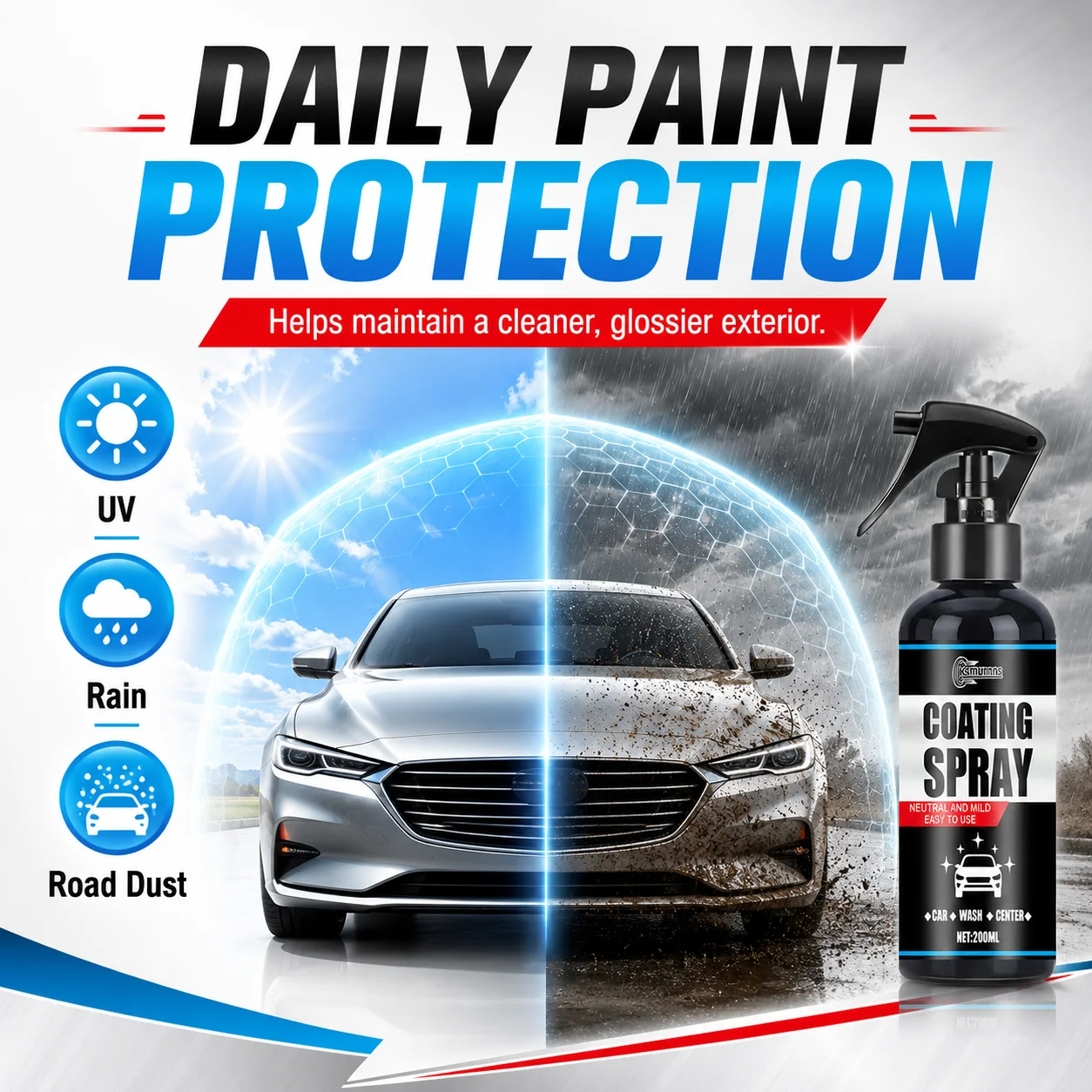 200ml Car Ceramic Coating Spray, Neutral Mild Formula, Water Rolls Off, Creates Glossy Coated Look on Car Surface