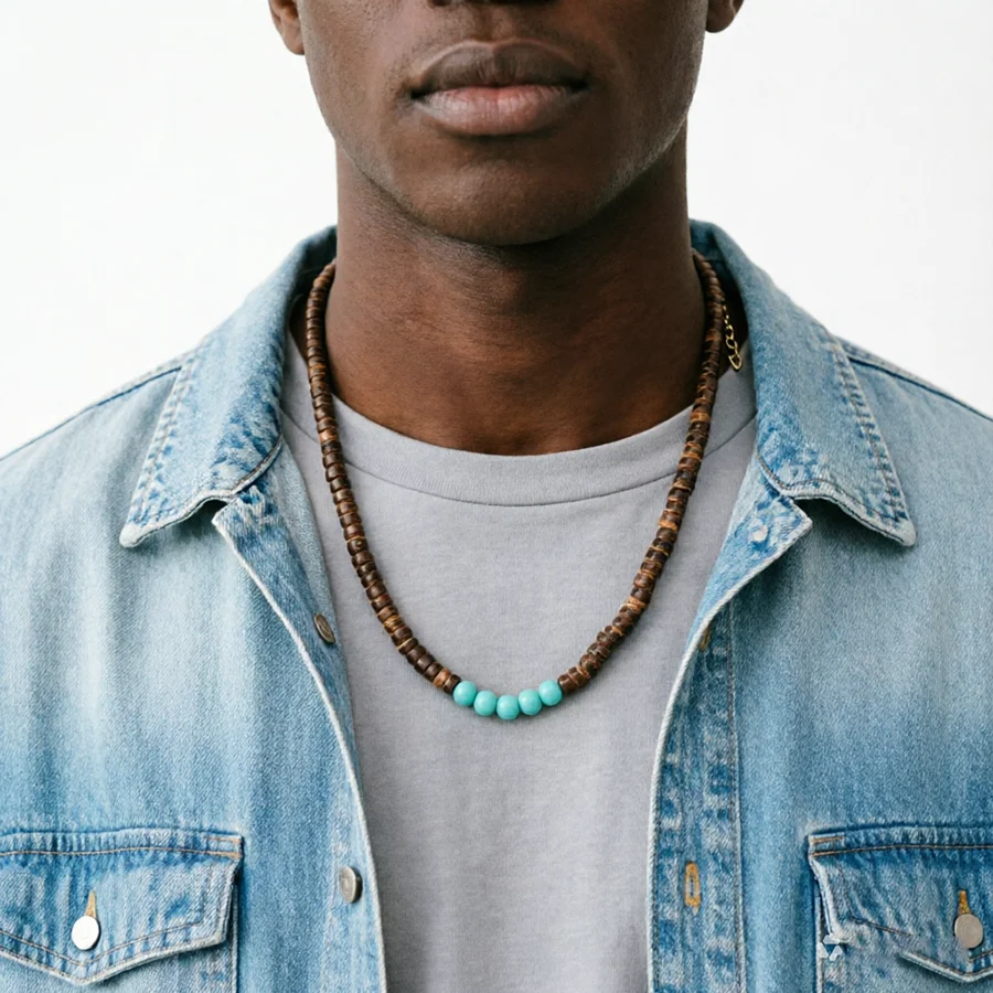 Retro Natural Wooden Beads Necklace Men Lava Howlite Tiger Eyes Stone Beaded 20Inch Collar Jewelry Charm Homme Gift Accessories