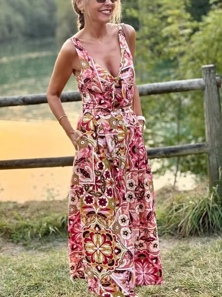 Set Rok Wanita HH Chic Atasan Pendek Tanpa Lengan Bermotif V-Neck dengan Dekorasi Ikat + Rok Midi Berpinggang Tinggi Bergaya dengan Kancing dan Saku