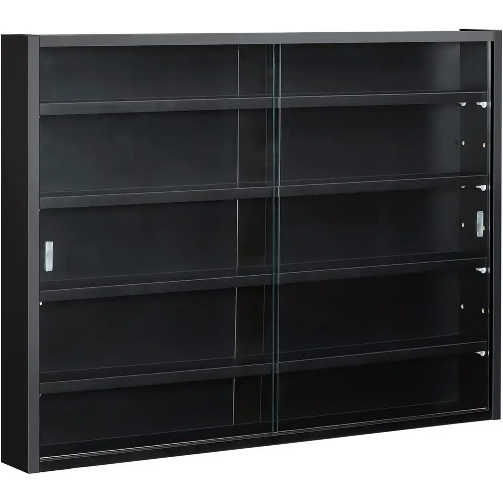 Wall-Mounted 5-Tier Glass Door Cabinet with Adjustable Shelves for Playroom or Bedroom in Black