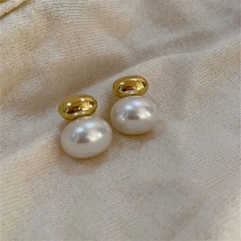 Korean Luxury Ladies Elliptical Pearl Earrings Gold Color Plated Metal Drop Earrings Party Women's Summer Jewelry Accessories